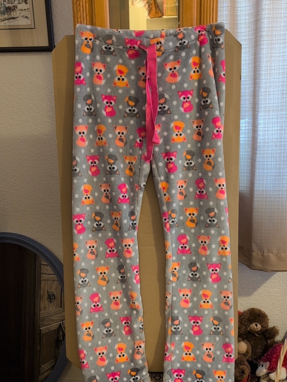 Kids Gray Fleece Pajama Pants with Pink and Orange Fox Pattern